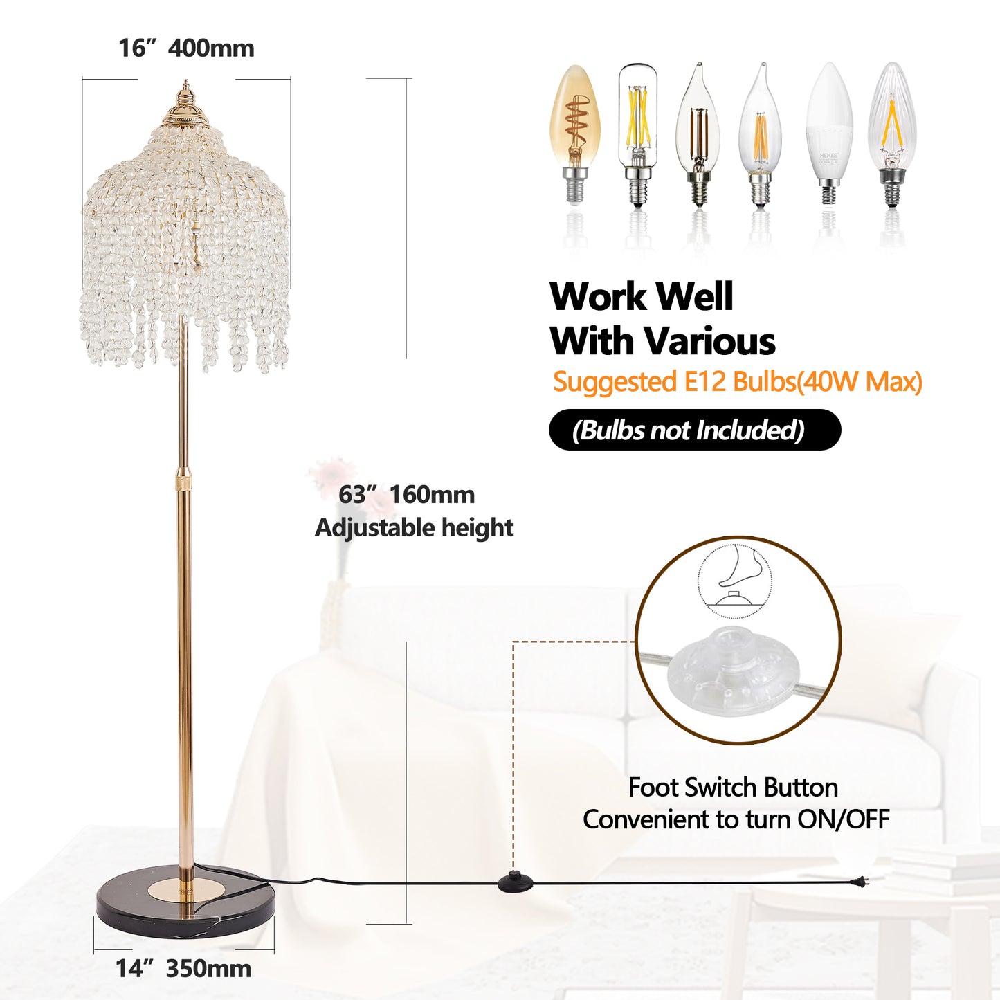 Gold Crystal Waterfall Floor Lamp - 63 Inch Living Room Lighting
