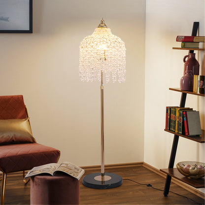 3-Light Elegant Crystal Floor Lamp – Vintage Waterfall Design with Grape-Shaped Crystal Bead Strings and Marble Texture Base for Living Room, Bedroom, or Office Décor (Bulb Not Included)