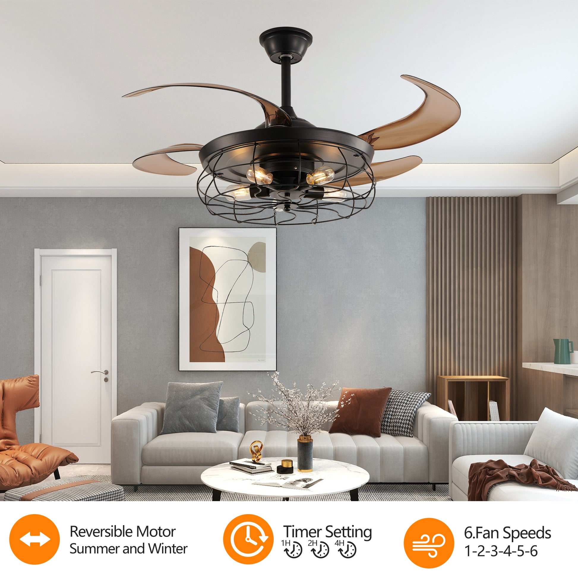 Industrial Cage Ceiling Fan - Black, 48" with Remote Control