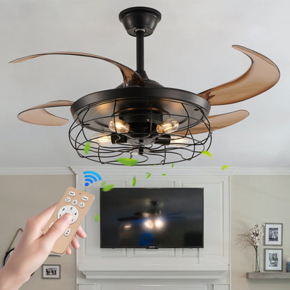 48" Black Remote Control Ceiling Fan Light – Industrial 4-Blade Fan with Cage Design and Adjustable Speed for Living Room, Bedroom, or Office (Silent/6-Speed/Reversible/DC Motor)
 (Bulb Not Included)