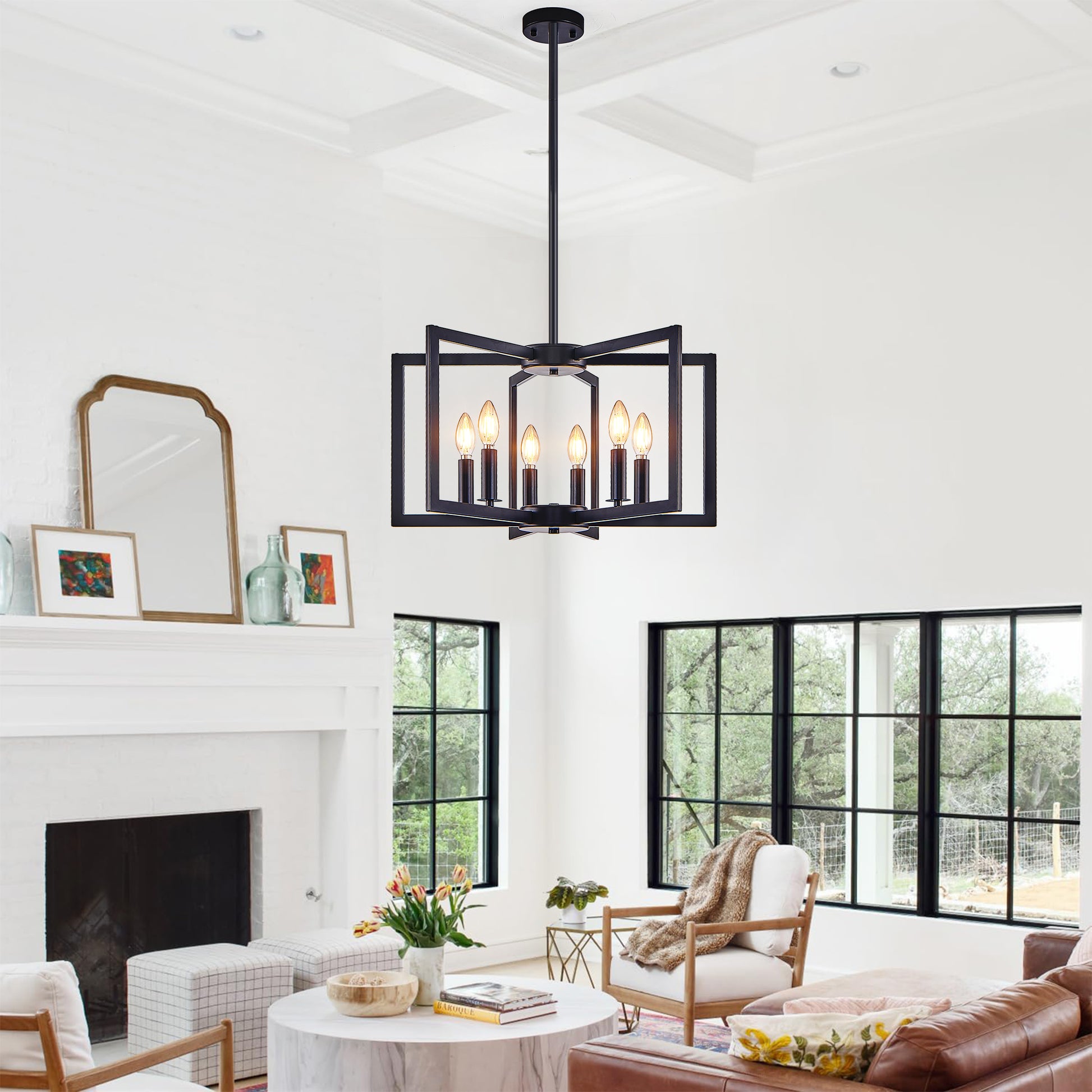 Modern Black Geometric 6-Light Chandelier - Iron Pendant Light