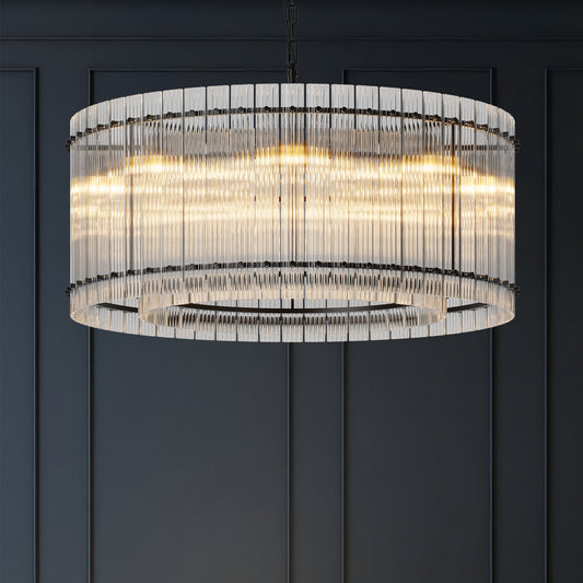 37" Modern Black Round Chandelier,2-Tier 8-Light Water Ripple Crystal Glass Chandeliers,for Dining Room,Living Room,Bedroom,High Ceiling,Foyer Entryway,Luxury Chandelier