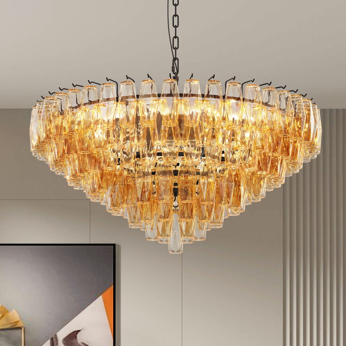 Large Black Iron Chandelier - 37" Round Dining Room Light