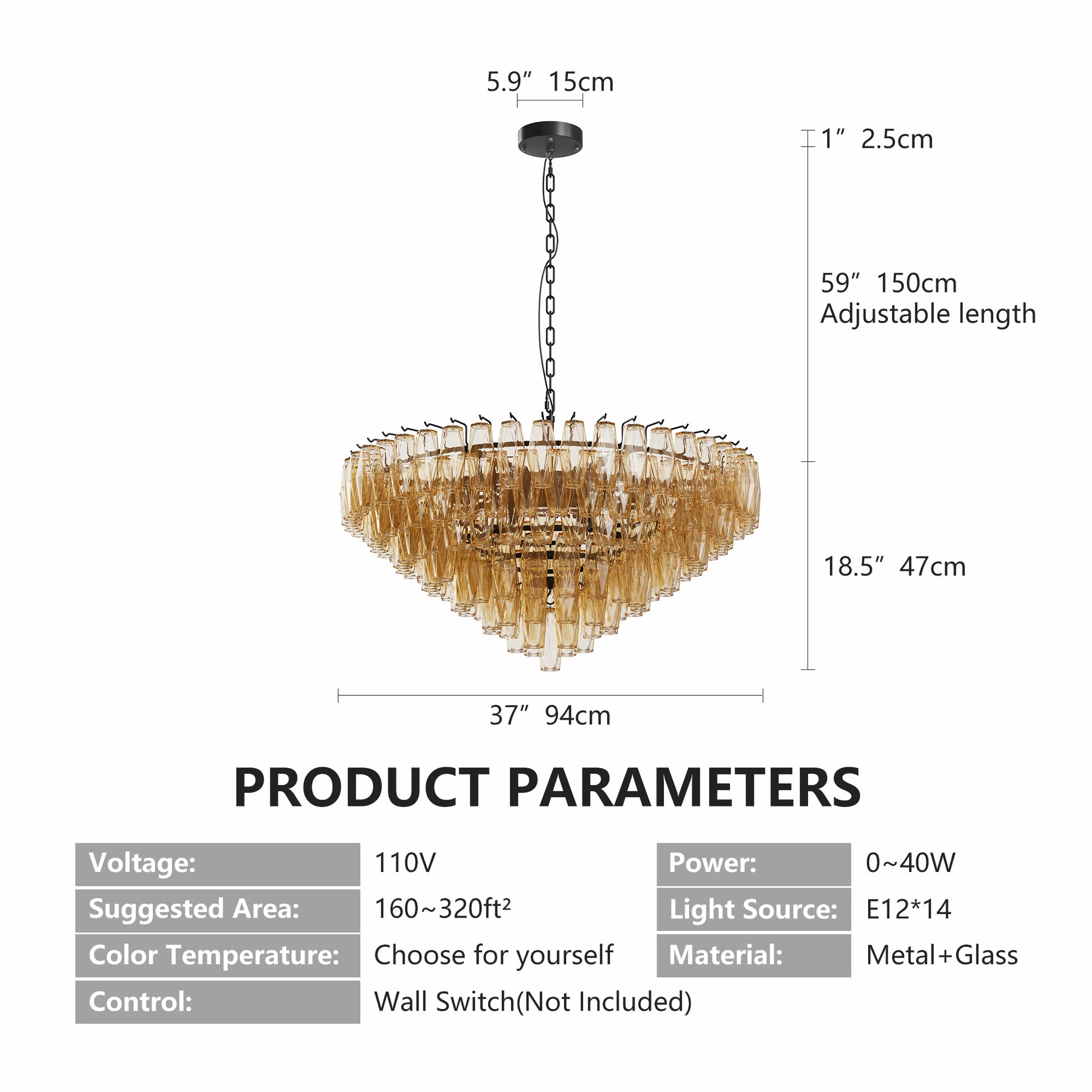 Large Black Iron Chandelier - 37" Round Dining Room Light