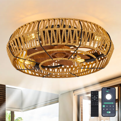19" Caged Ceiling Fans with Lights and Remote, Boho Flush Mount Ceiling Fan with Light, Low Profile Chandelier 6 Speed Bladeless Reversible Ceiling Fan . for Living Room Bedroom.