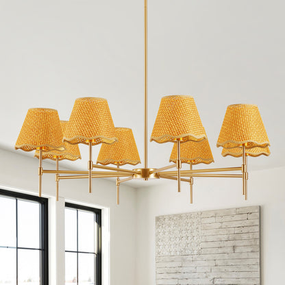 Gold Farmhouse Chandelier 8-Light Boho Pendant Lamp 38.6 in Large Rustic Rattan Chandelier Light Fixture with Height Adjustable Hanging Pole for Dining Room, Living Room, Bedroom, E12 Base