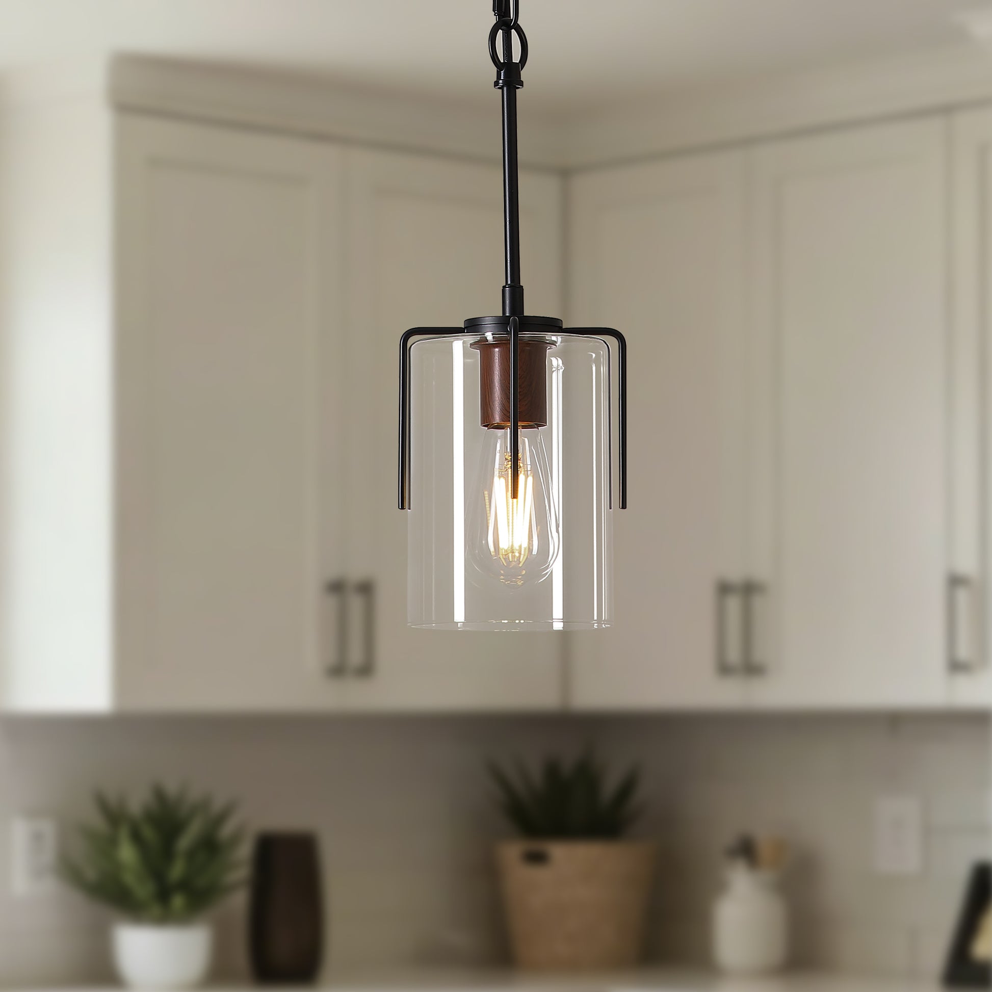 Modern Industrial Pendant Light with Clear Glass Shade, Adjustable Metal Pendant Lighting for Kitchen Island Dining Room Entryway, Easy Clean Glare-Free Home Light Fixture