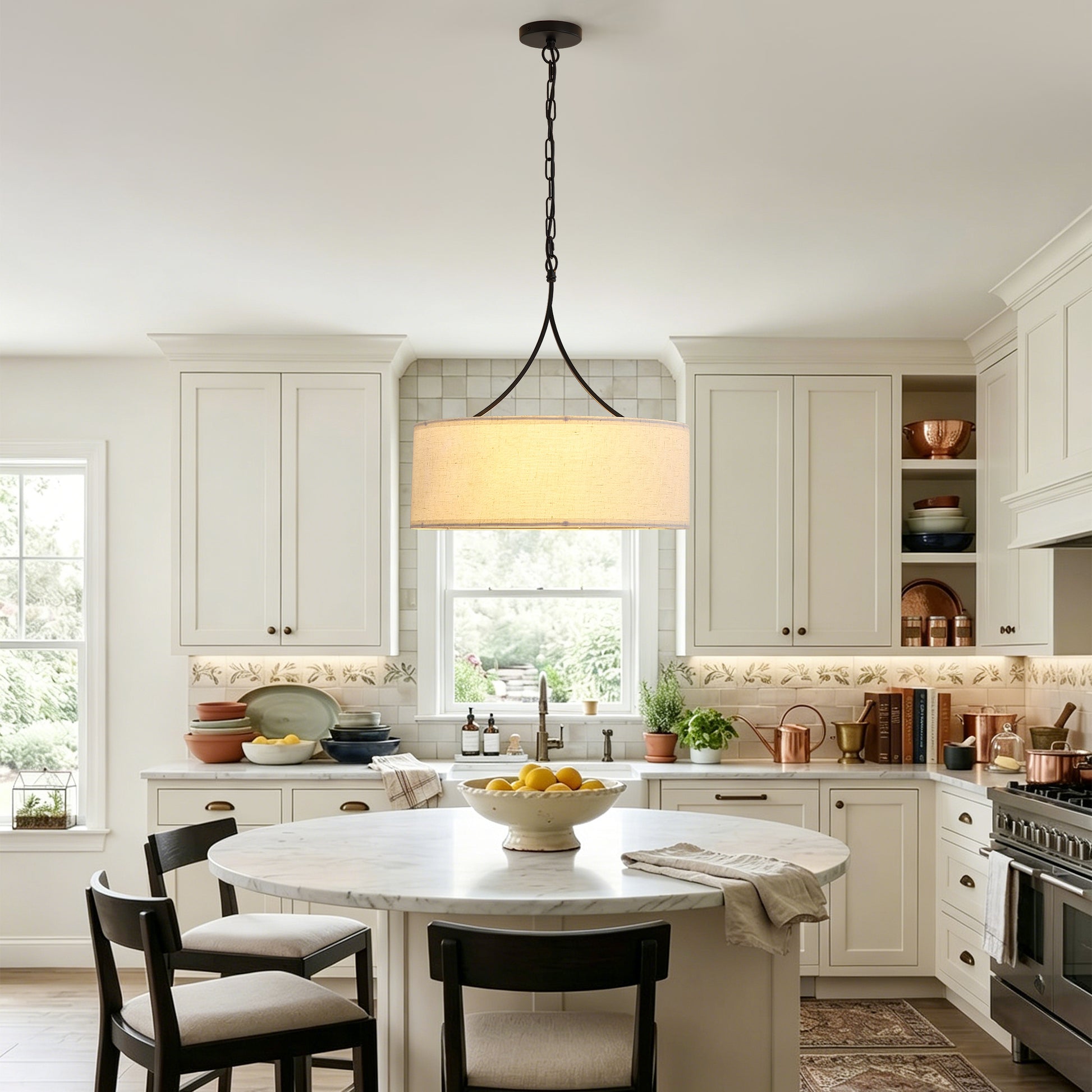 Beige White Black Fabric Pendant Light - Dining Room Lighting