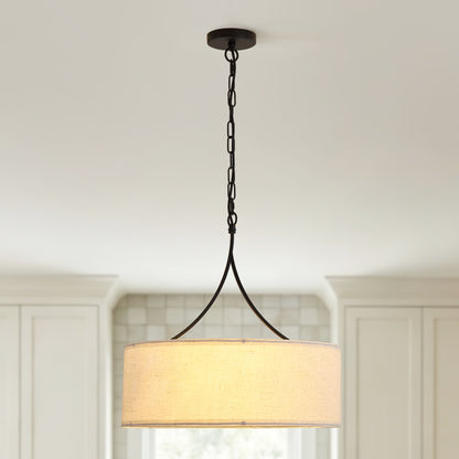 Modern 3-Light Fabric Pendant Light, Black Adjustable Drum Chandelier, Matte Black Fabric Shade Ceiling Light Fixture for Dining Room Living Room Bedroom