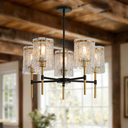 Modern 5-Light Black and Gold Chandelier, Textured Glass Pendant Light with Electroplated Gold Finish for Living Room Dining Room Not Including the Bulb