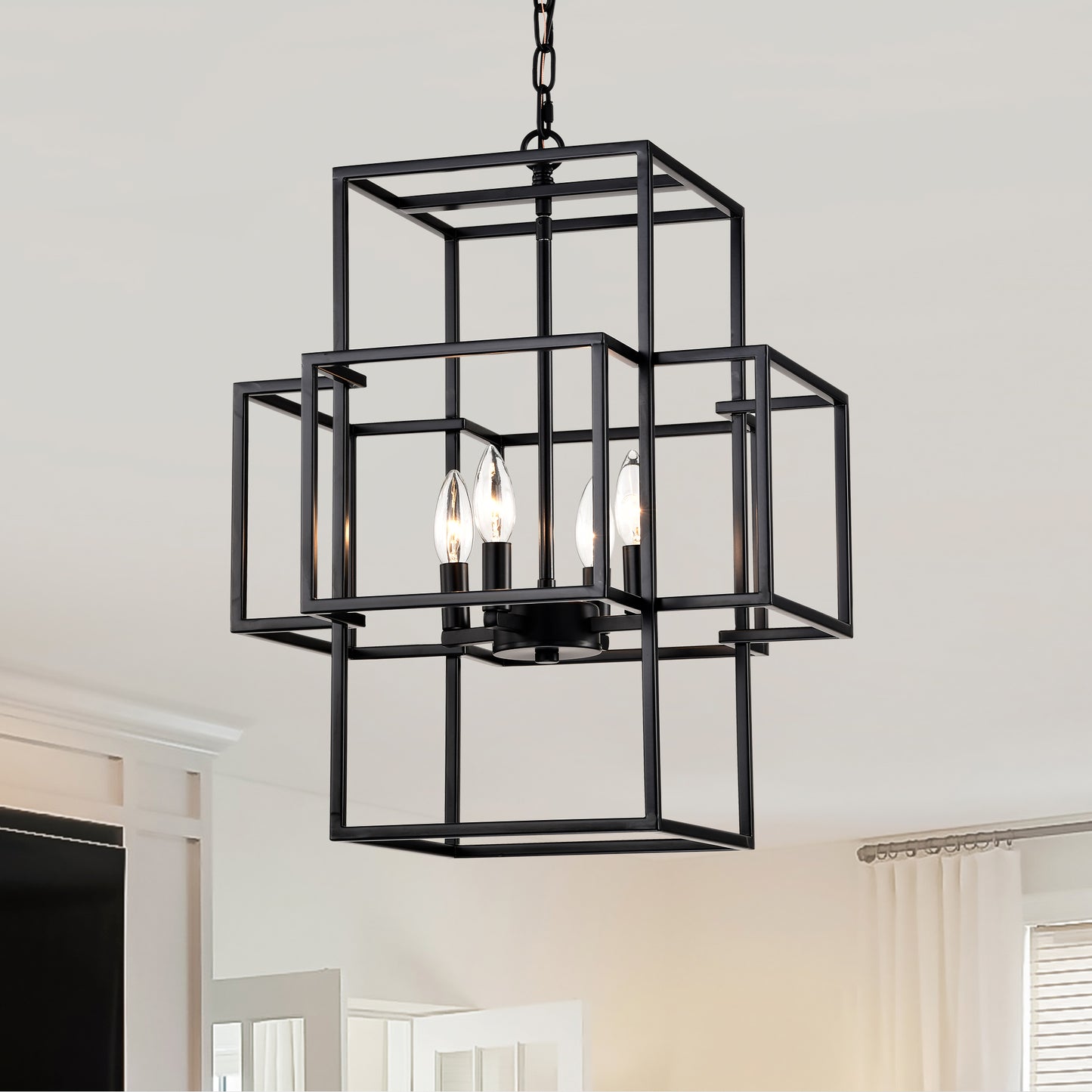 4-Light Metal Lantern Pendant Light Fixture - Matte Black Dining Room Lighting