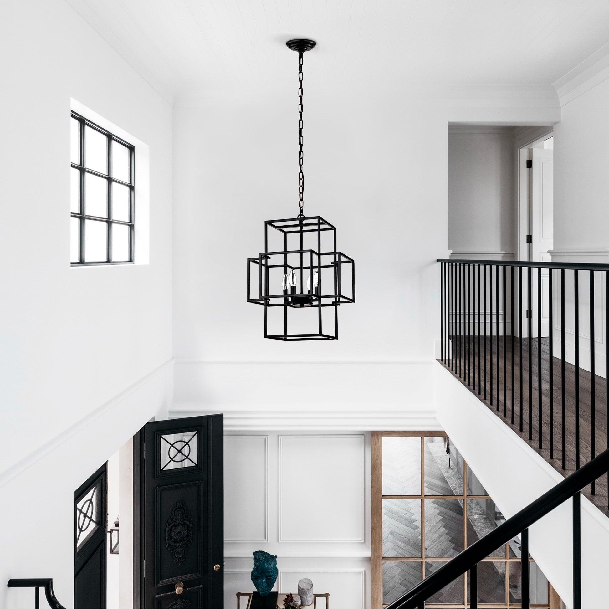 4-Light Metal Lantern Pendant Light Fixture - Matte Black Dining Room Lighting