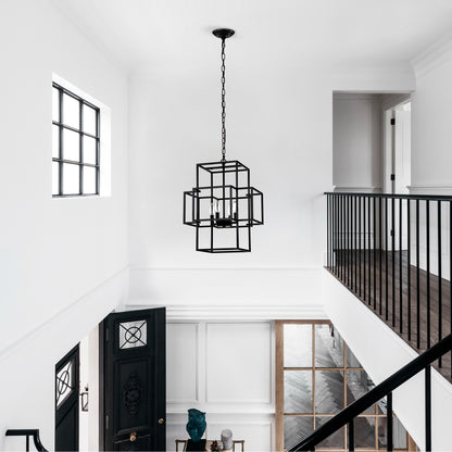 4-Light Metal Lantern Pendant Light Fixture - Matte Black Dining Room Lighting