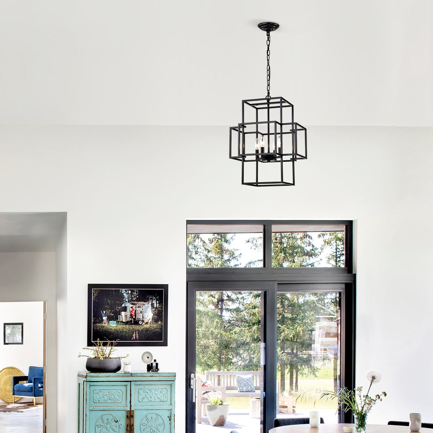 4-Light Metal Lantern Pendant Light Fixture - Matte Black Dining Room Lighting