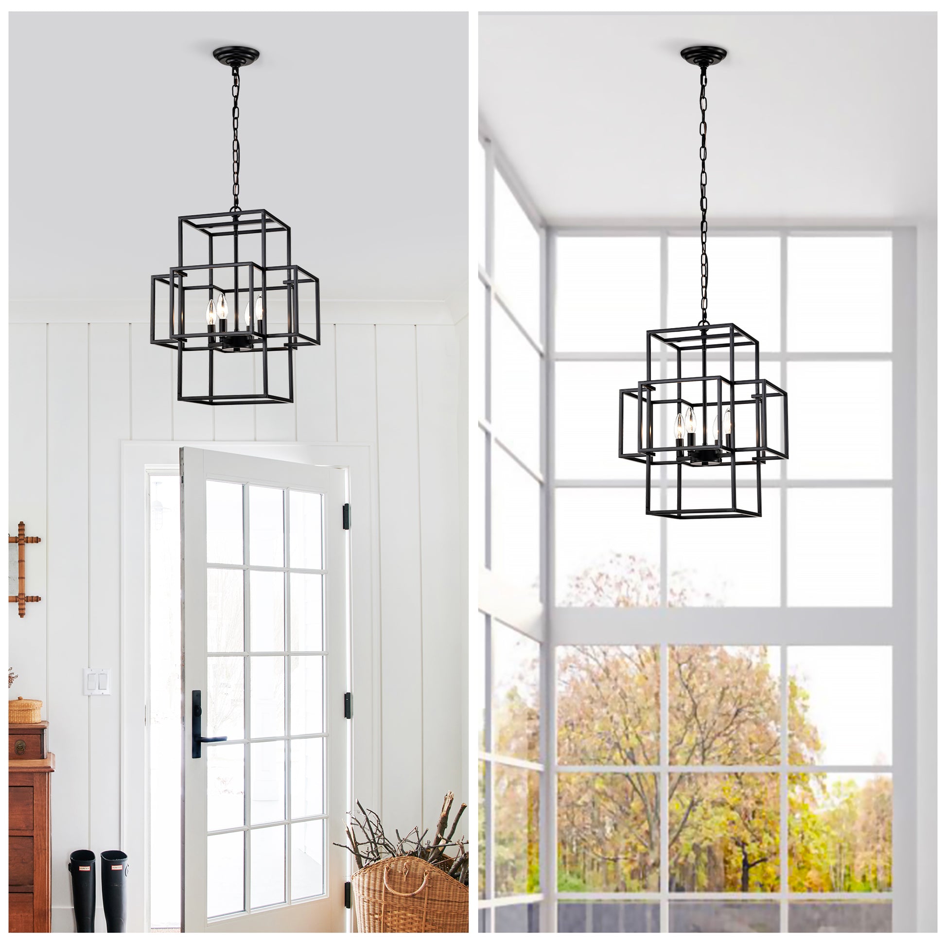 4-Light Metal Lantern Pendant Light Fixture - Matte Black Dining Room Lighting