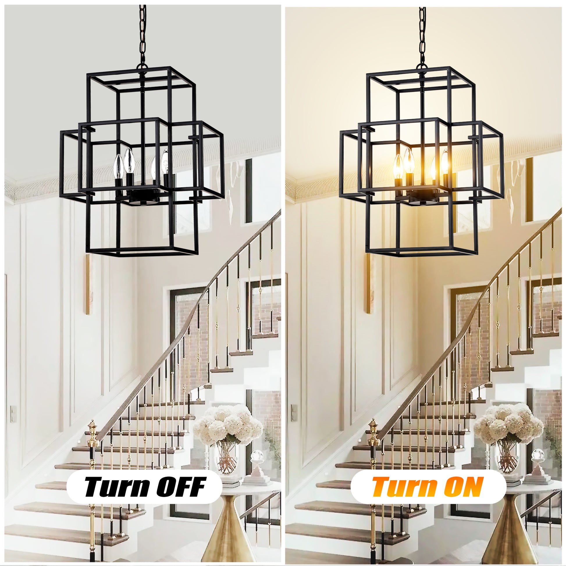 4-Light Metal Lantern Pendant Light Fixture - Matte Black Dining Room Lighting
