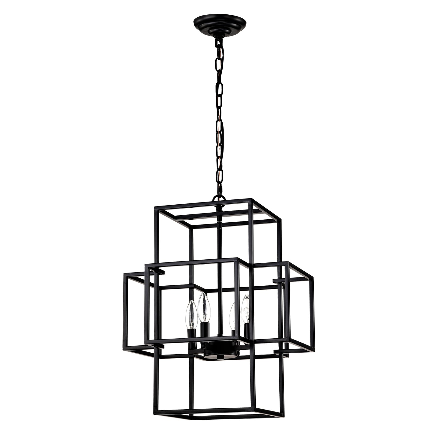 4-Light Metal Lantern Tiered Pendant Hanging Light Fixtures, Industrial Farmhouse Adjustable Height  Chandeliers for Dining Room Hallway Foyer Entryway--Matte Black (E12 Bulbs Not Included)