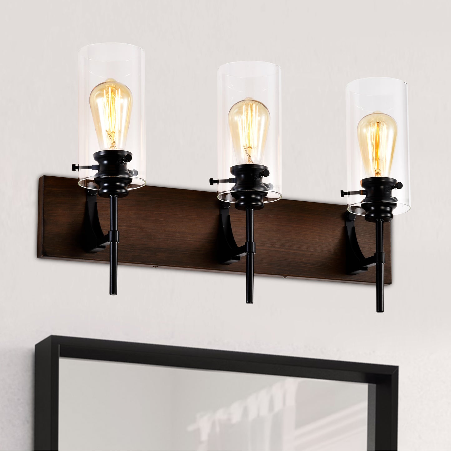 3-Light Matte Black + Wood Bathroom Light Fixtures - Modern Vanity Lights