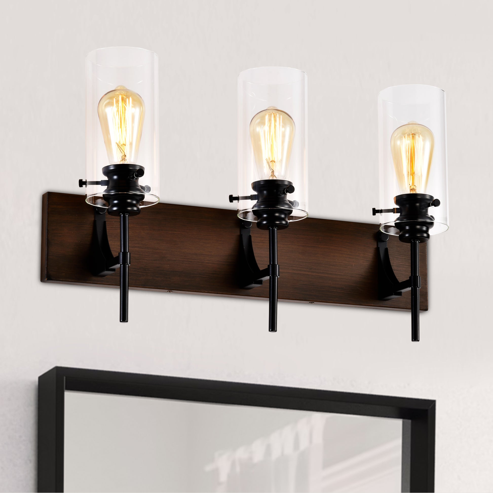 3-Light Matte Black + Wood Bathroom Light Fixtures - Modern Vanity Lights