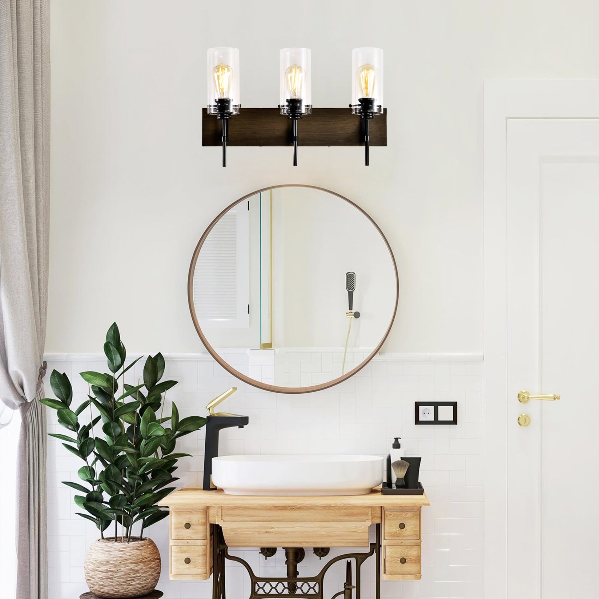 3-Light Matte Black + Wood Bathroom Light Fixtures - Modern Vanity Lights
