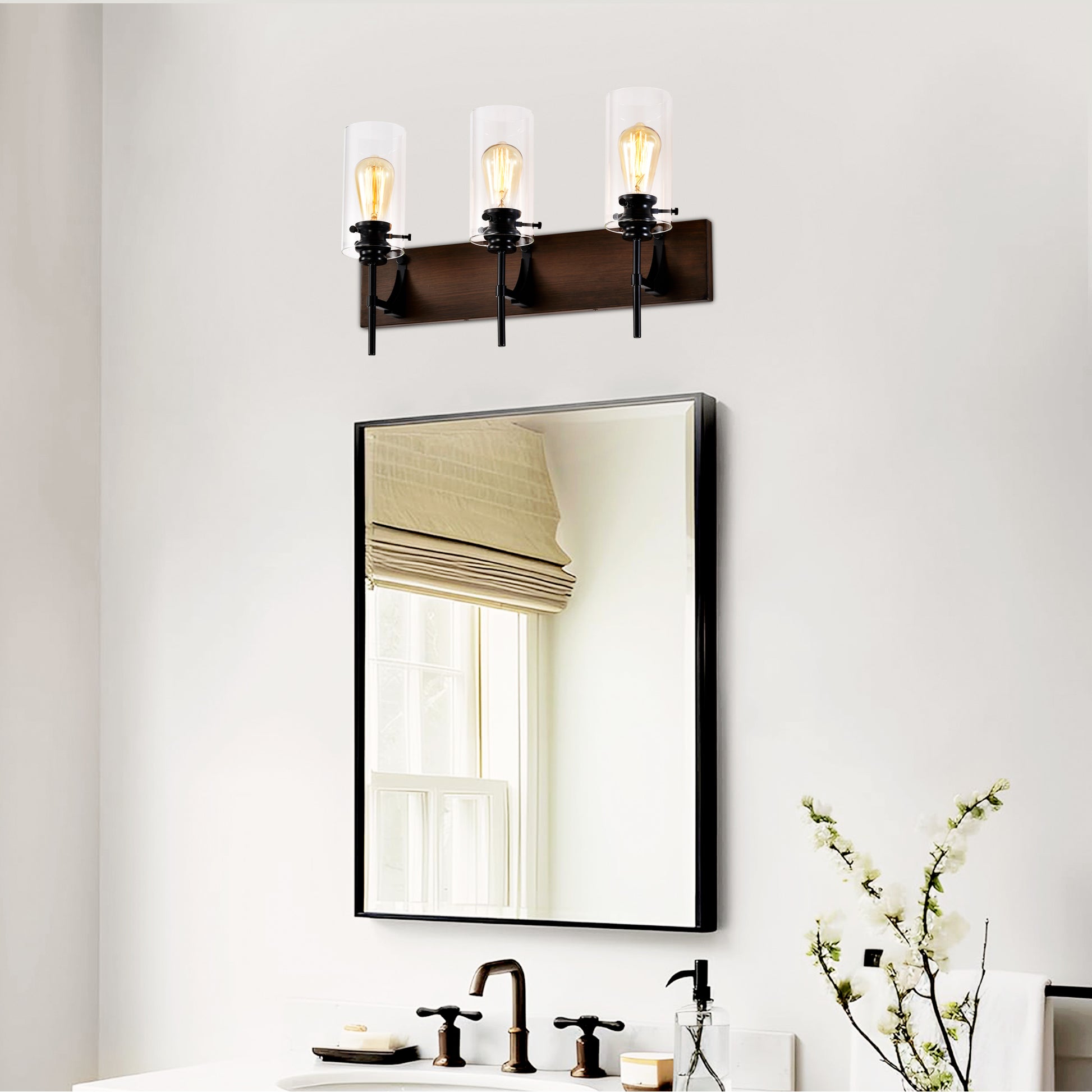 3-Light Matte Black + Wood Bathroom Light Fixtures - Modern Vanity Lights