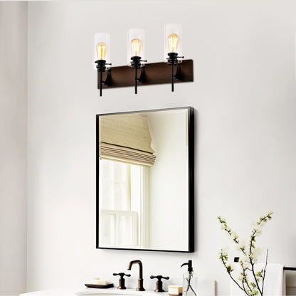 3-Light Matte Black + Wood Bathroom Light Fixtures - Modern Vanity Lights