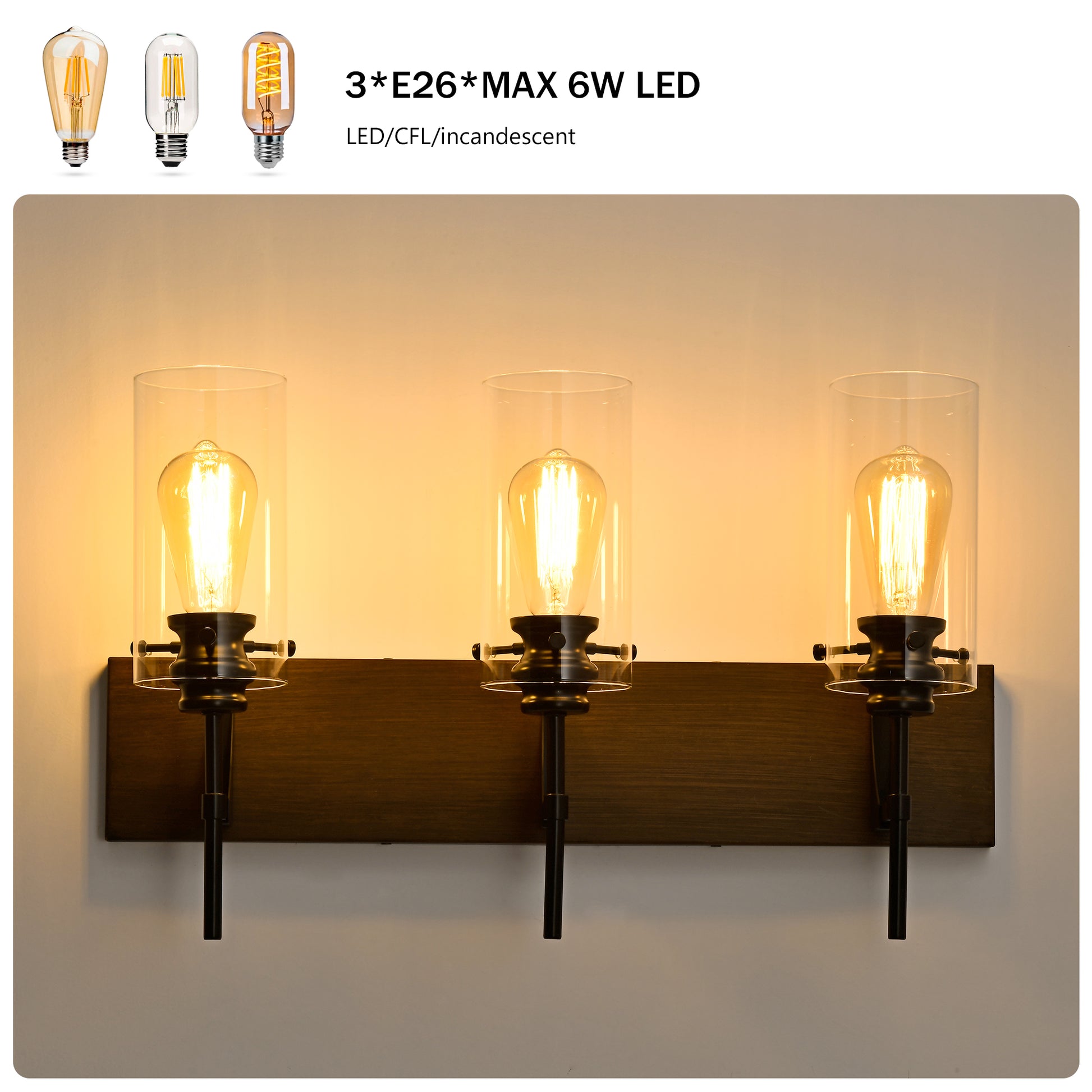 3-Light Matte Black + Wood Bathroom Light Fixtures - Modern Vanity Lights