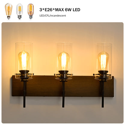 3-Light Matte Black + Wood Bathroom Light Fixtures - Modern Vanity Lights