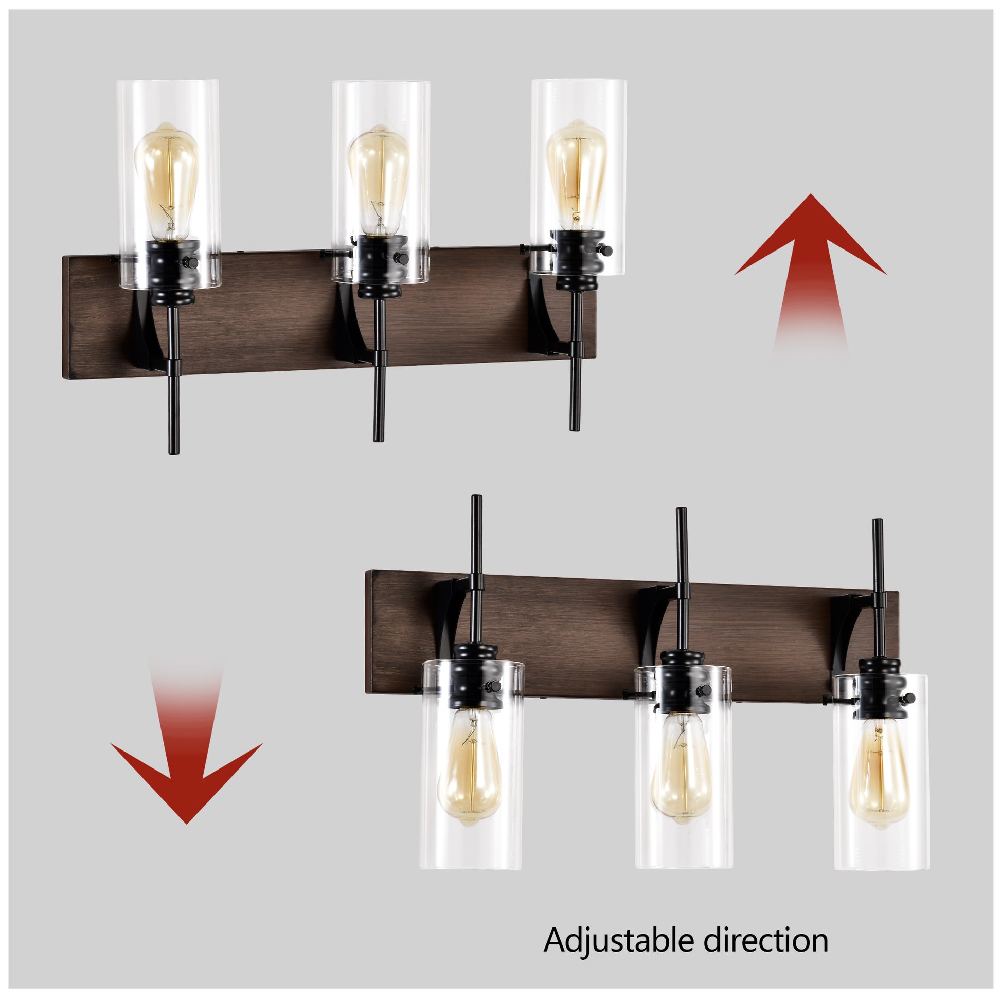 3-Light Matte Black + Wood Bathroom Light Fixtures - Modern Vanity Lights
