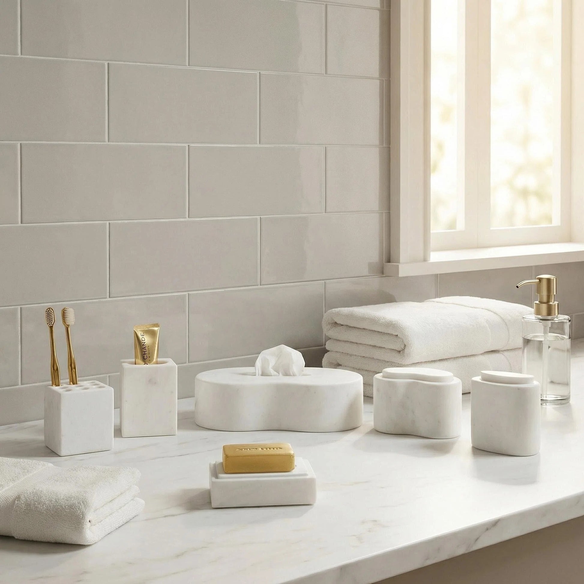 White natural marble bathroom vanity set, 6-piece marble bathroom accessories set, natural stone, genuine marble, real marble