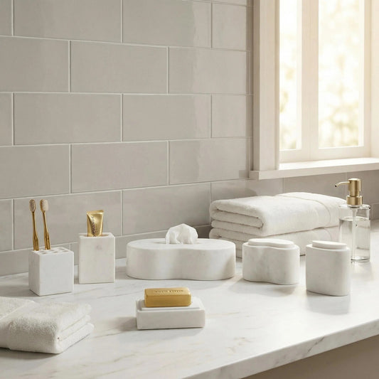 White natural marble bathroom vanity set, 6-piece marble bathroom accessories set, natural stone, genuine marble, real marble