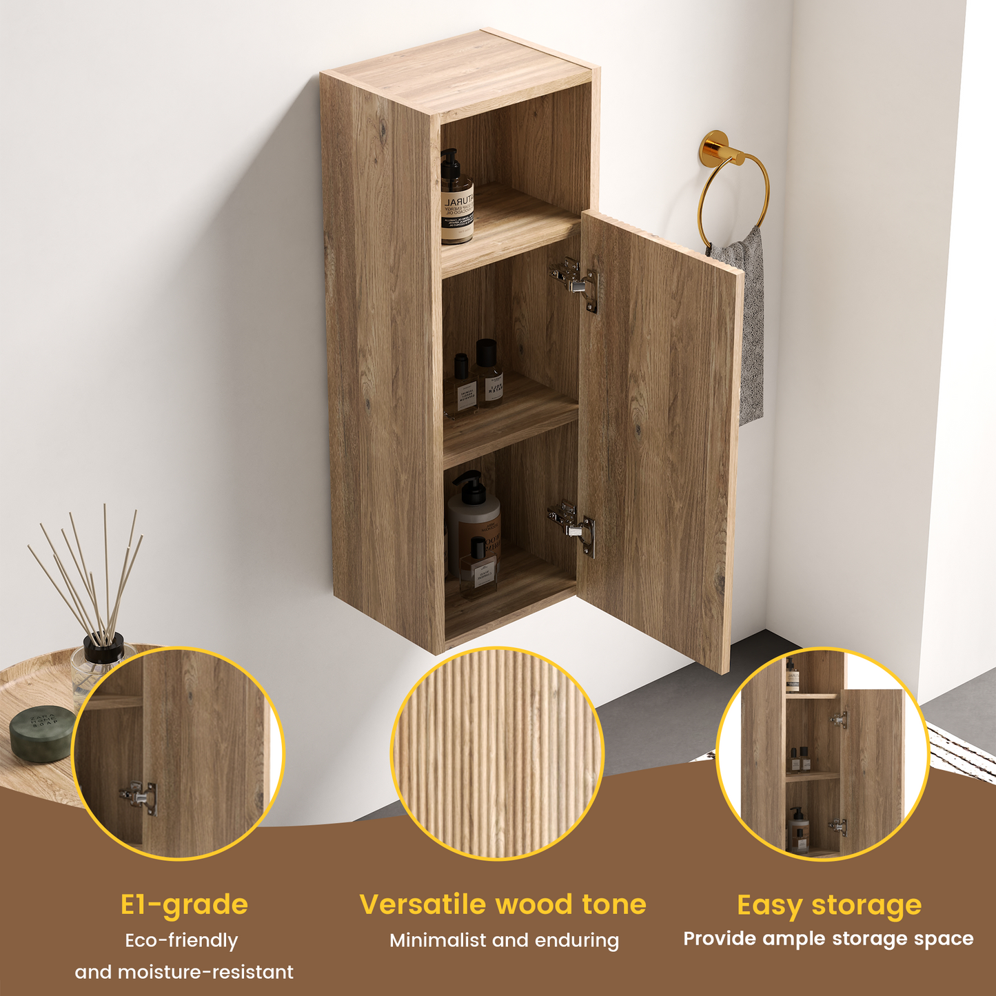 Oak Wall-Mounted Bathroom Storage Cabinet - 12 Inch