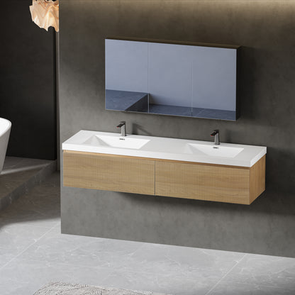 72" Floating Vanity With Sink Combo, Striped Wall-Mounted Cabinet With Soft-Close Drawer And Double Glossy White Solid Surface Basins, Fully Assembled Natural Oak GF-24V16-72NOW-W1573P265205