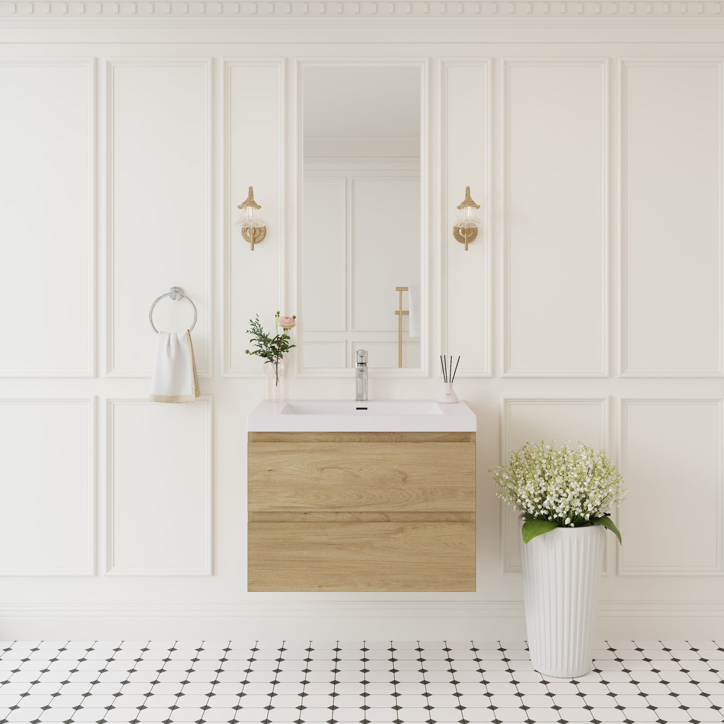 30" Floating Bathroom Vanity with Sink, Modern Wall-Mounted Bathroom Storage Vanity Cabinet with Solid Surface Top Basin and Soft Close Drawers Fully Assembled, Natural Oak GF-24V11-30NO-W1573P152696