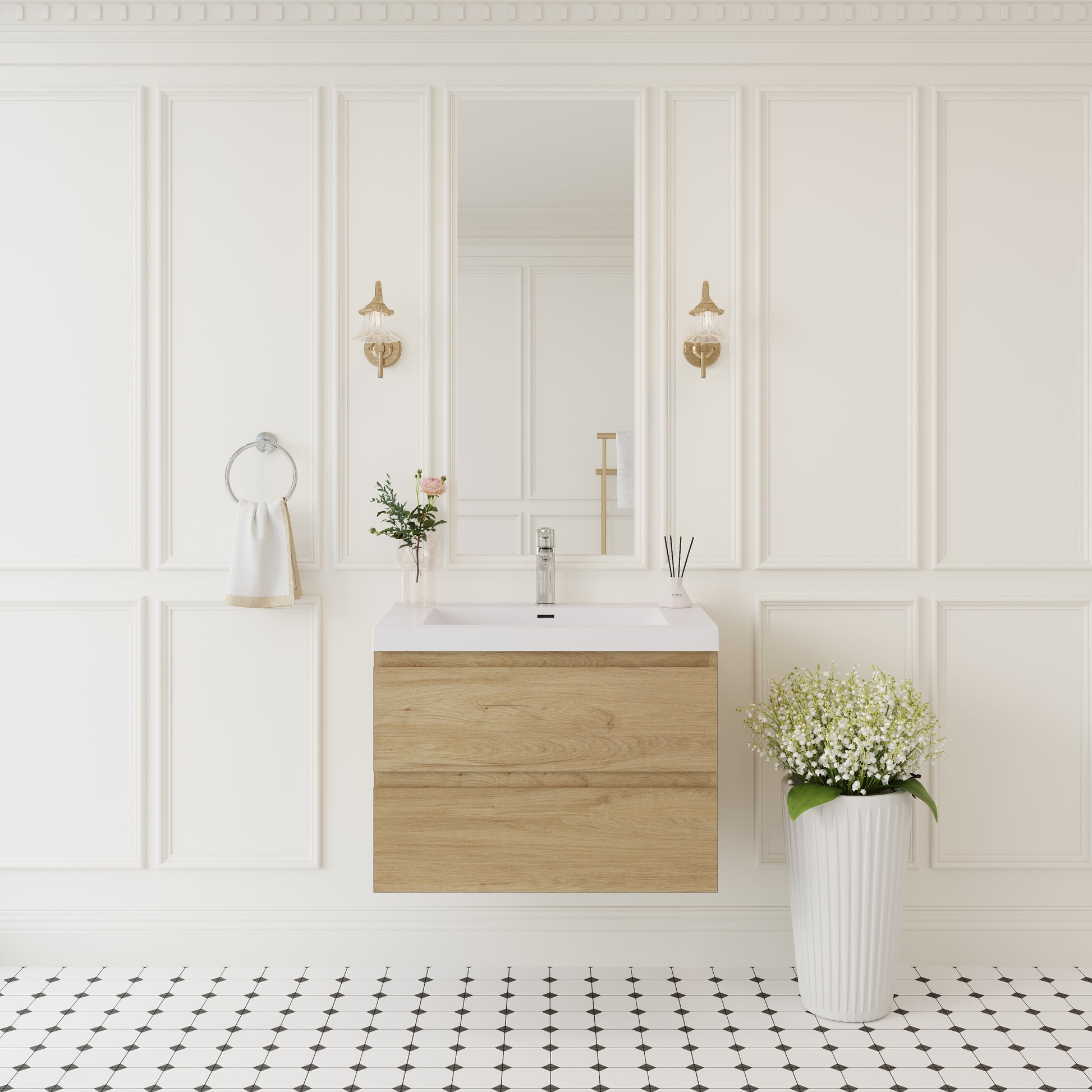 30" Floating Bathroom Vanity with Sink, Modern Wall-Mounted Bathroom Storage Vanity Cabinet with Solid Surface Top Basin and Soft Close Drawers Fully Assembled, Natural Oak GF-24V11-30NO-W1573P152696