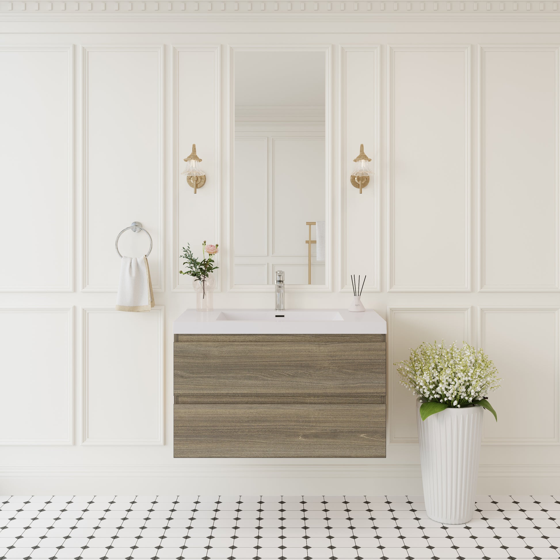36" Floating Bathroom Vanity with Sink, Modern Wall-Mounted Bathroom Storage Vanity Cabinet with Solid Surface Top Basin and Soft Close Drawers Fully Assembled, Ash Grey GF-24V11-36AG-W1573P152699
