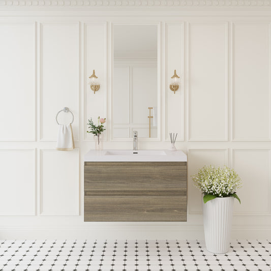 36" Floating Bathroom Vanity with Sink, Modern Wall-Mounted Bathroom Storage Vanity Cabinet with Solid Surface Top Basin and Soft Close Drawers Fully Assembled, Ash Grey GF-24V11-36AG-W1573P152699