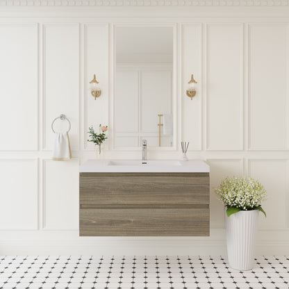 42" Floating Bathroom Vanity with Sink, Modern Wall-Mounted Bathroom Storage Vanity Cabinet with Solid Surface Top Basin and Soft Close Drawers Fully Assembled, Ash Grey GF-24V11-42AG-W1573P152701