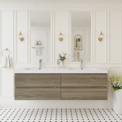 72" Floating Bathroom Vanity with Sink, Modern Wall-Mounted Bathroom Storage Vanity Cabinet with Solid Surface Top Basin, Two Sinks Four Soft Close Drawers, Ash Grey GF-24V11-72AG-W1573P152709