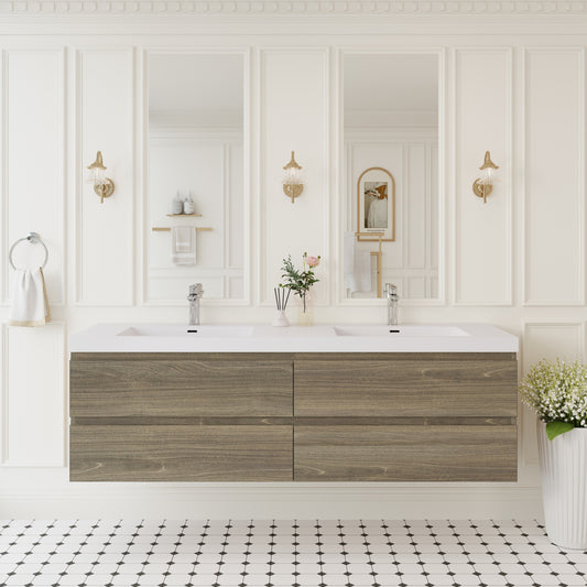 72" Floating Bathroom Vanity with Sink, Modern Wall-Mounted Bathroom Storage Vanity Cabinet with Solid Surface Top Basin, Two Sinks Four Soft Close Drawers, Ash Grey GF-24V11-72AG-W1573P152709