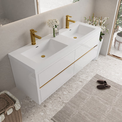 60" Wall-Mounted Bathroom Vanity with Sink, Floating Bathroom Storage Cabinet with Stone Resin Countertop and Soft Close Drawers, Fully Assembled Glossy White GF-24V15-60DGW-W1573P211176