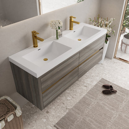 60" Wall-Mounted Bathroom Vanity with Double Sinks, Floating Bathroom Storage Cabinet with Stone Resin Countertop and Soft Close Drawers, Ash Grey GF-24V15-60DAG-W1573P211188