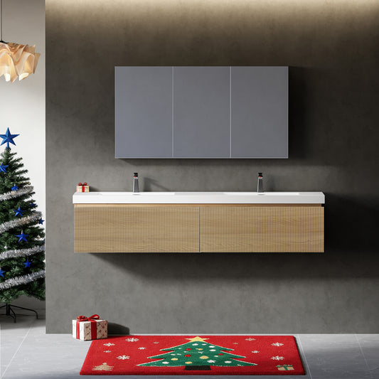 72" floating vanity with sink combo, striped wall-mounted cabinet with soft-close drawer and double glossy white solid surface basins, Natural Oak GF-24V16-72NOW-48NOW