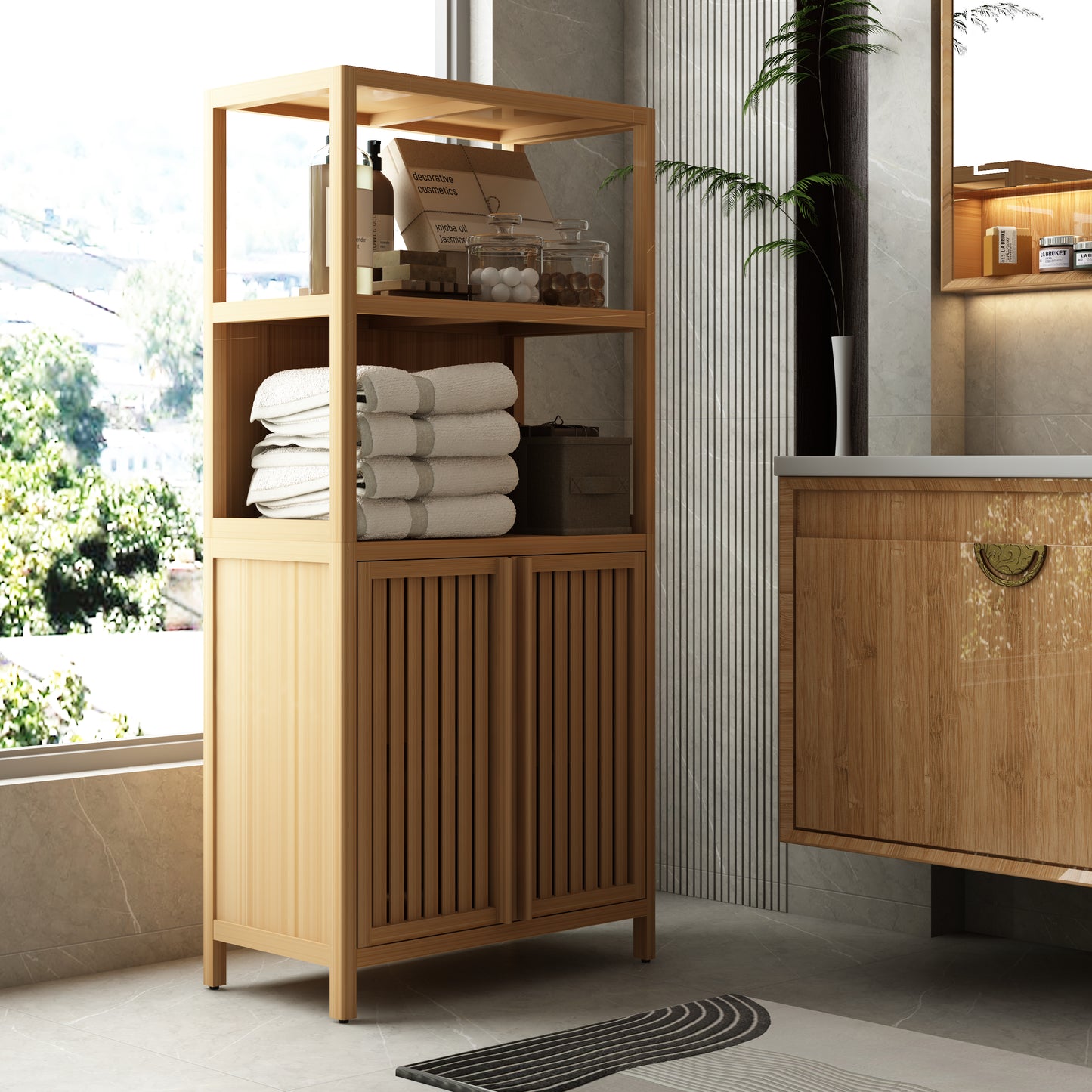 Bamboo Bathroom Storage Cabinet - 2 Door Organizer
