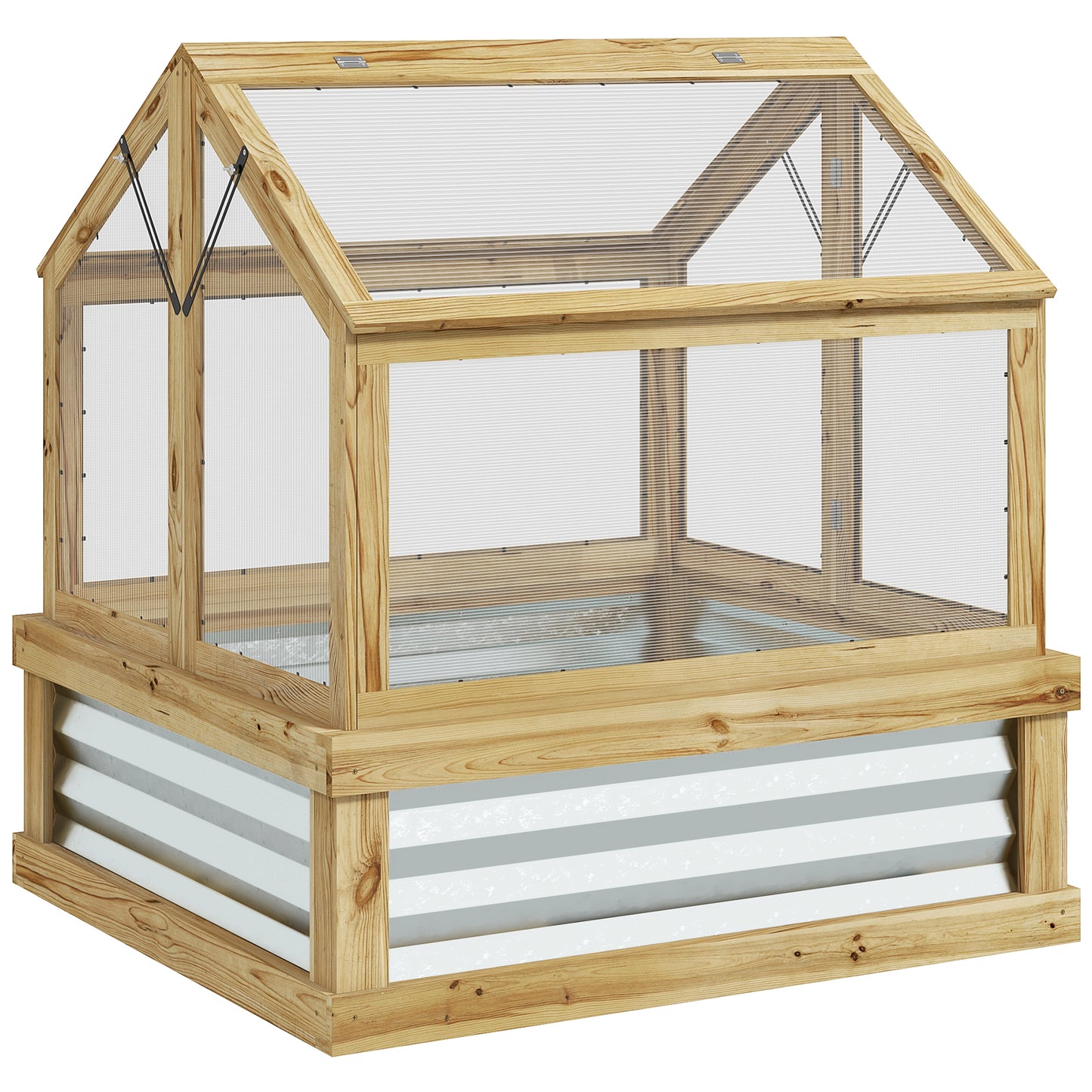 Outsunny Raised Garden Bed with Polycarbonate Greenhouse, Garden Wooden Cold Frame Greenhouse Flower Planter Protection, Peak Roof, 35.5" x 31.5" x 36", Natural