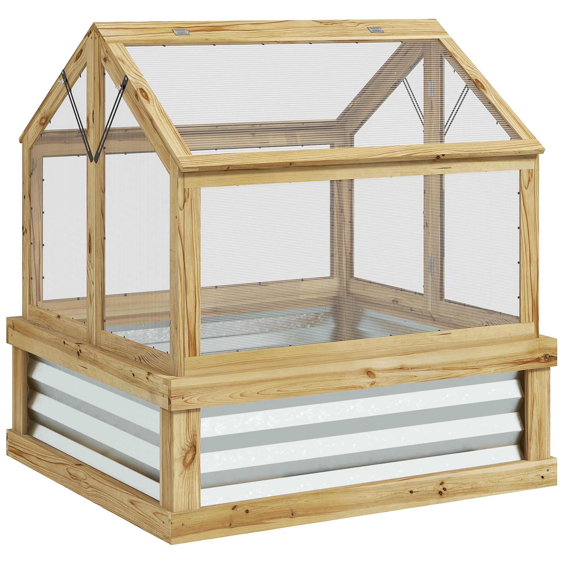 Outsunny Raised Garden Bed with Polycarbonate Greenhouse, Garden Wooden Cold Frame Greenhouse Flower Planter Protection, Peak Roof, 35.5" x 31.5" x 36", Natural