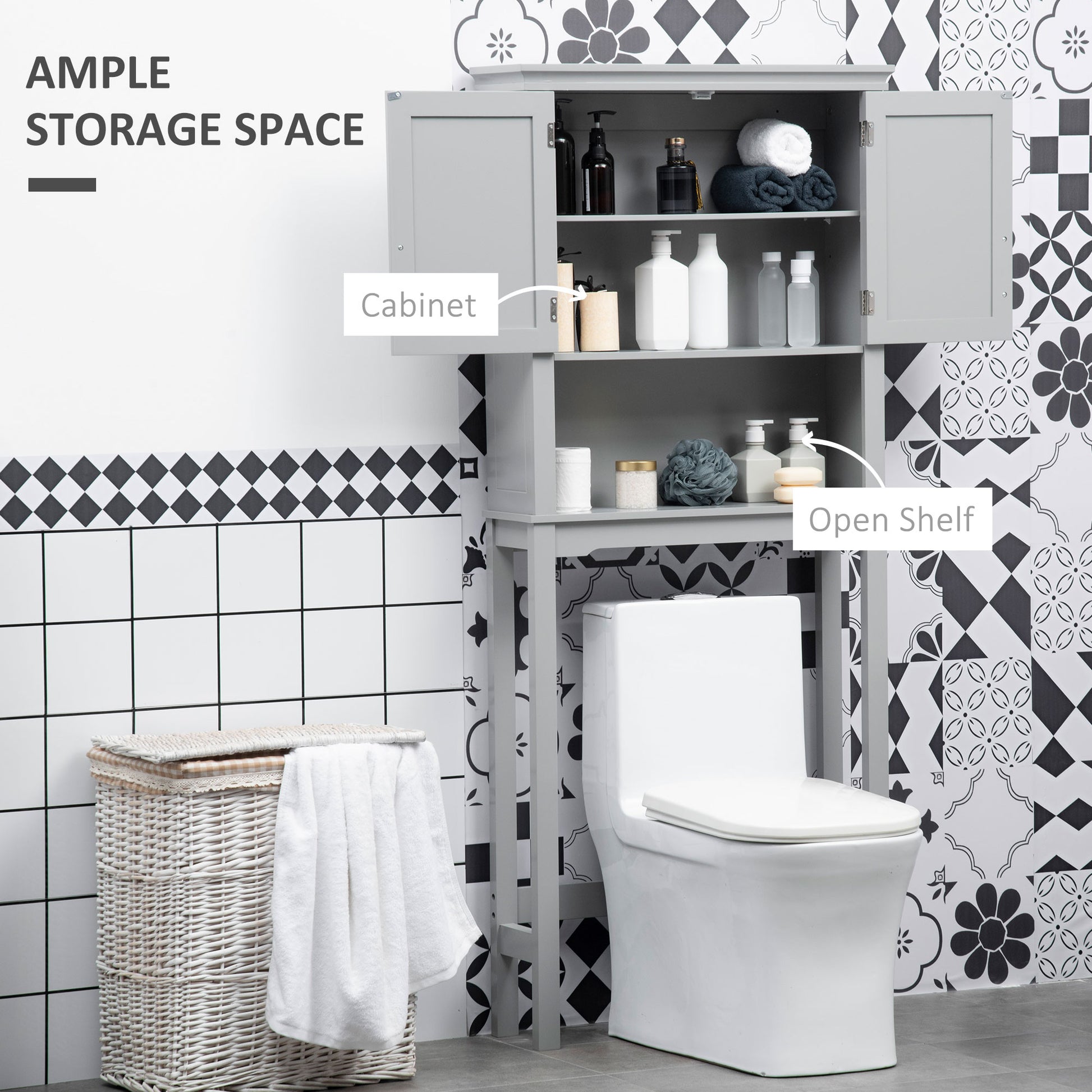 Modern Grey Over-the-Toilet Storage Cabinet - Bathroom Organizer MDF