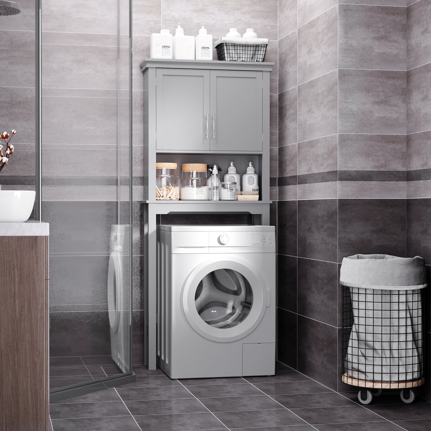 Modern Grey Over-the-Toilet Storage Cabinet - Bathroom Organizer MDF