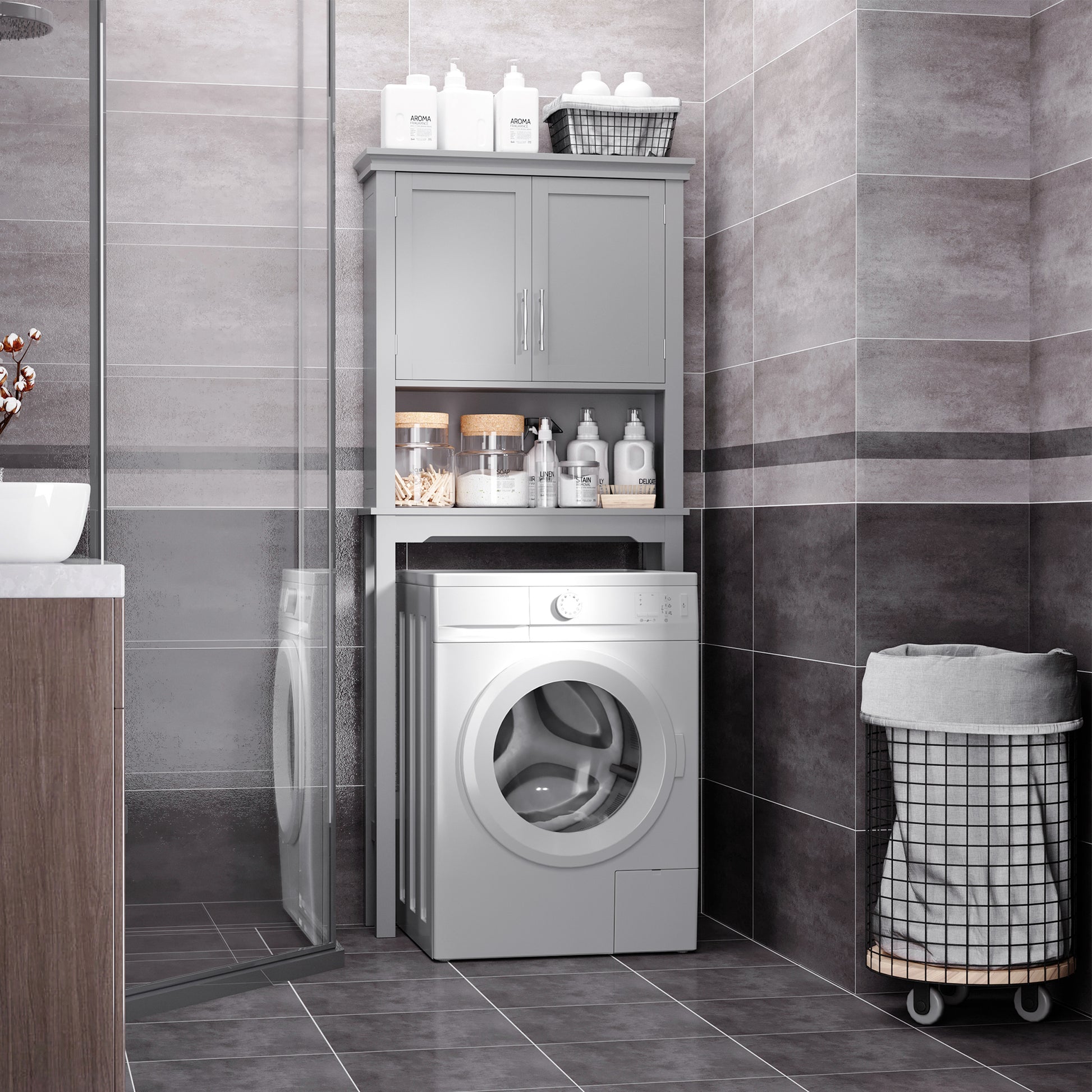 Modern Grey Over-the-Toilet Storage Cabinet - Bathroom Organizer MDF