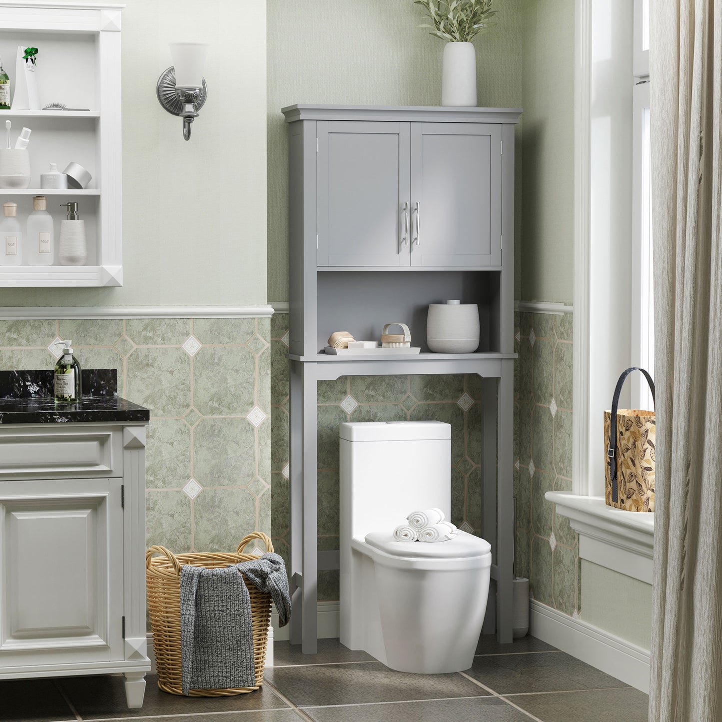 Modern Grey Over-the-Toilet Storage Cabinet - Bathroom Organizer MDF